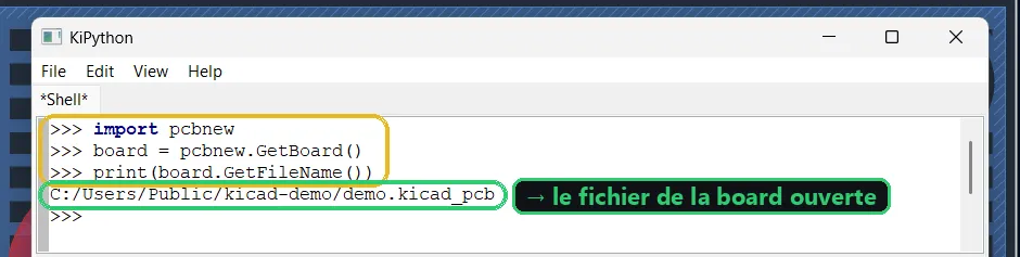 Console de script Python de KiCad (KiPython) exécutant import pcbnew et pcbnew.GetBoard(), qui affiche le chemin du fichier .kicad_pcb ouvert