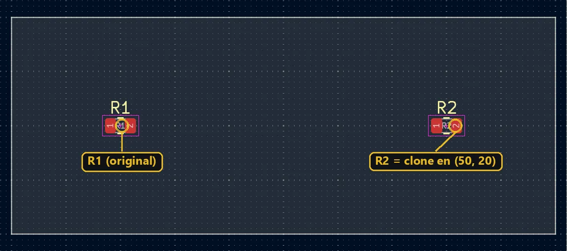 Résistance R1 dupliquée par script en R2, placée en (50, 20) mm dans l'éditeur de PCB KiCad