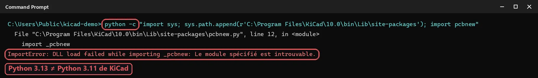 ImportError: DLL load failed while importing _pcbnew quand le site-packages de KiCad est ajouté au sys.path depuis Python 3.13