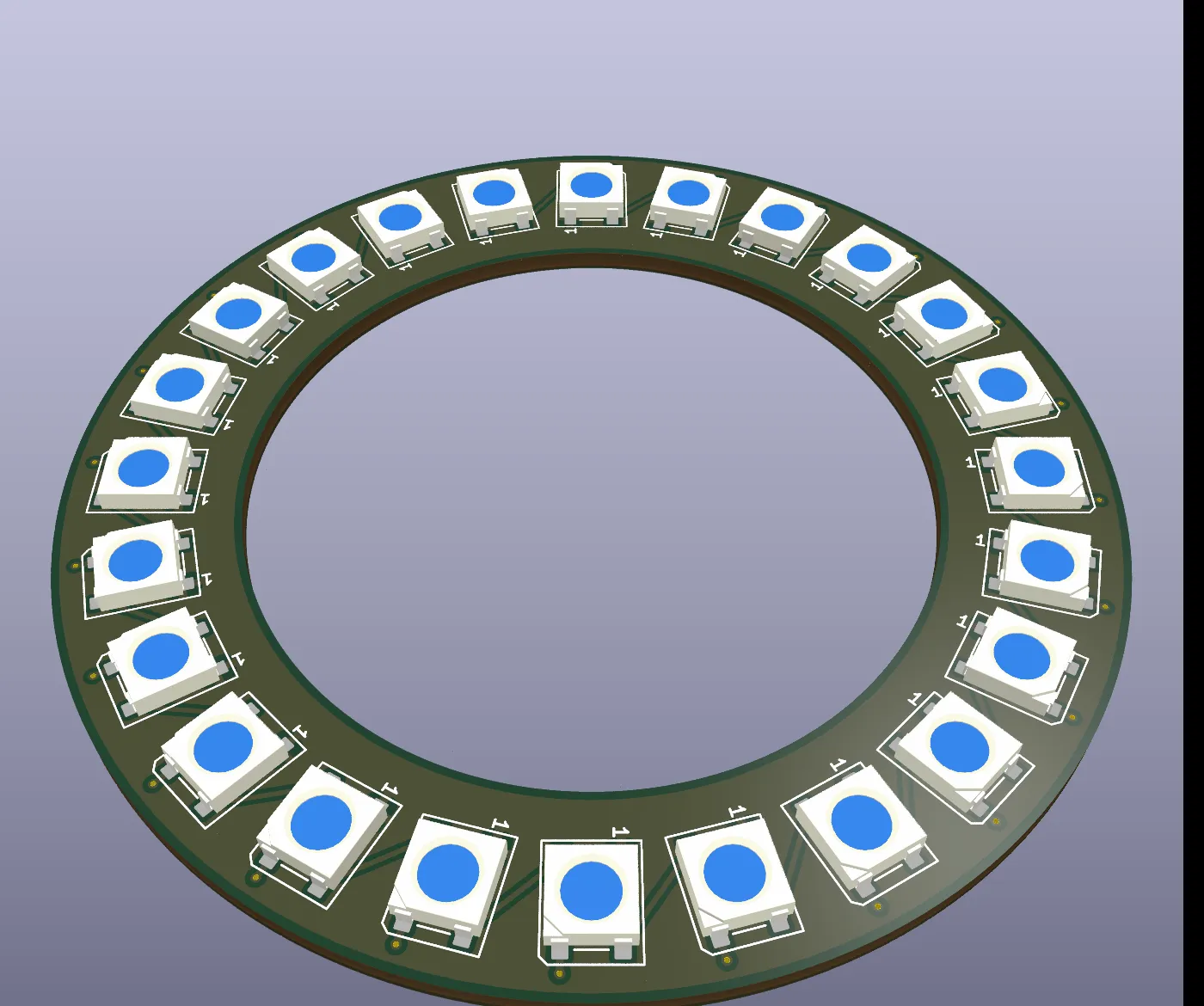 KiCad 3D render of a ring of 24 WS2812B LEDs placed on a circle by a Python script