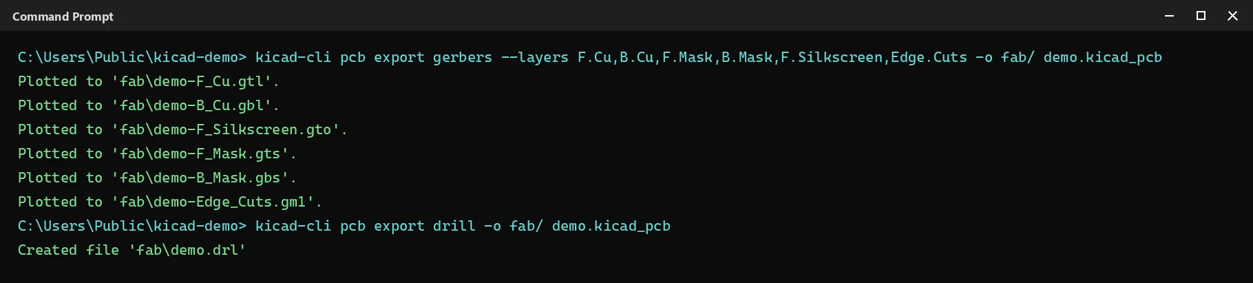 kicad-cli pcb export gerbers and export drill on the command line: six Gerber files and one drill file generated