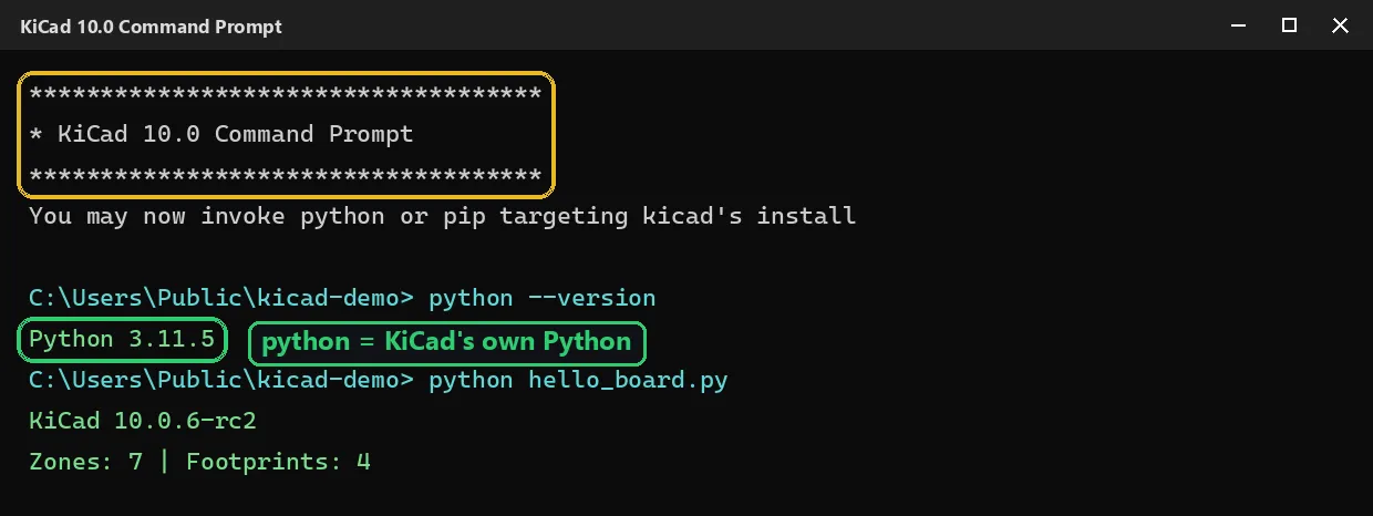 KiCad 10.0 Command Prompt on Windows: python --version returns Python 3.11.5, KiCad's interpreter, and the pcbnew script runs