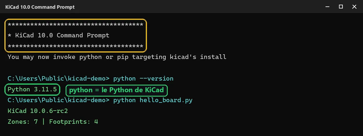 KiCad 10.0 Command Prompt sous Windows : python --version renvoie Python 3.11.5, l'interpréteur de KiCad, et le script pcbnew s'exécute