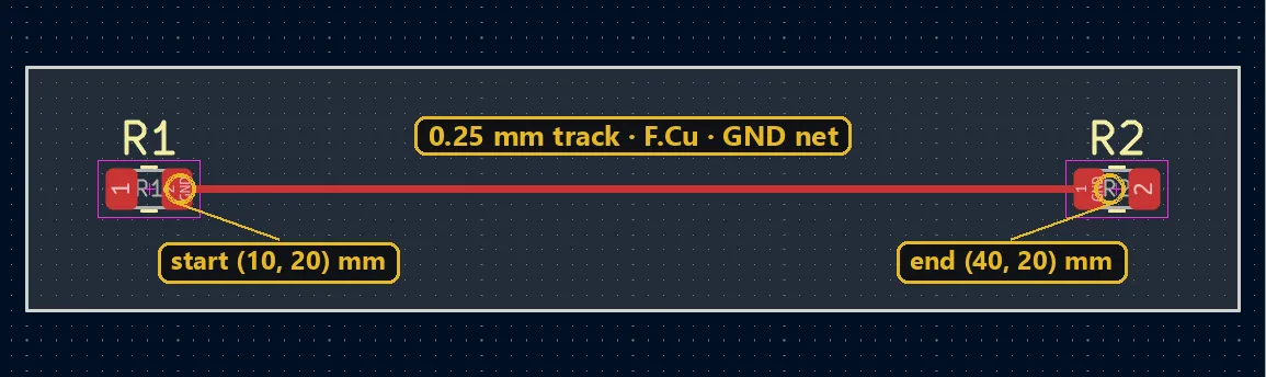 0.25 mm copper track on F.Cu drawn by a pcbnew Python script from (10, 20) to (40, 20) mm in the KiCad PCB Editor