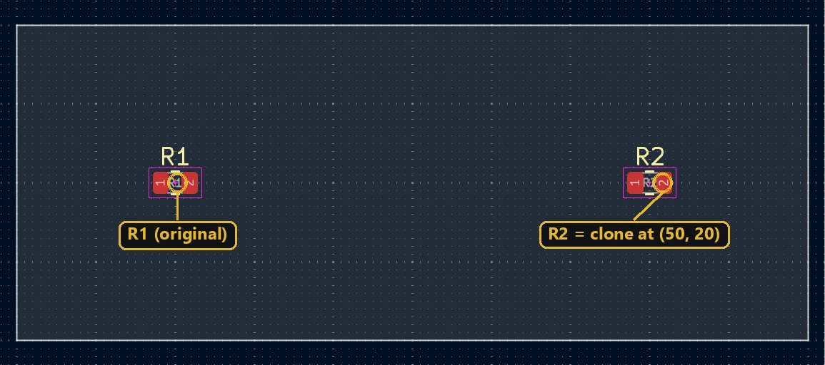 Resistor R1 duplicated by script as R2, placed at (50, 20) mm in the KiCad PCB Editor