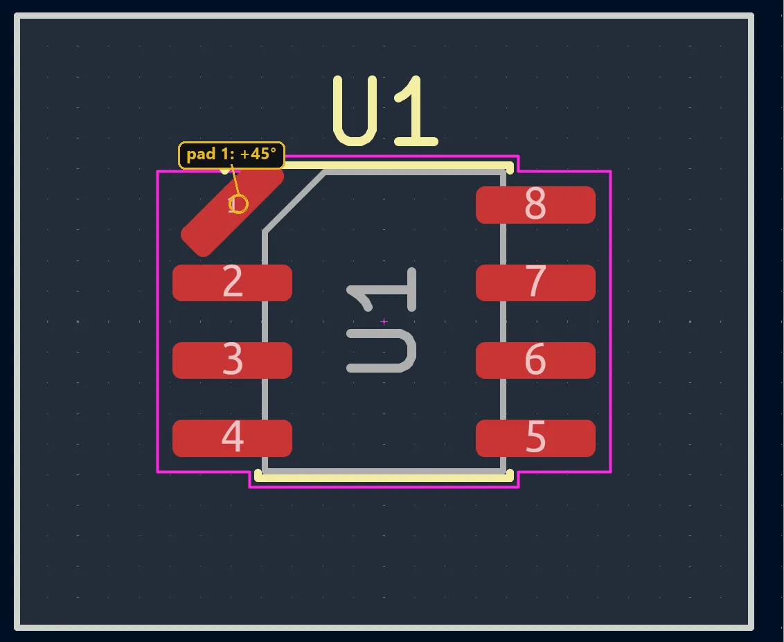 Pad 1 of a SOIC-8 rotated 45° independently of its footprint, by a pcbnew Python script in KiCad