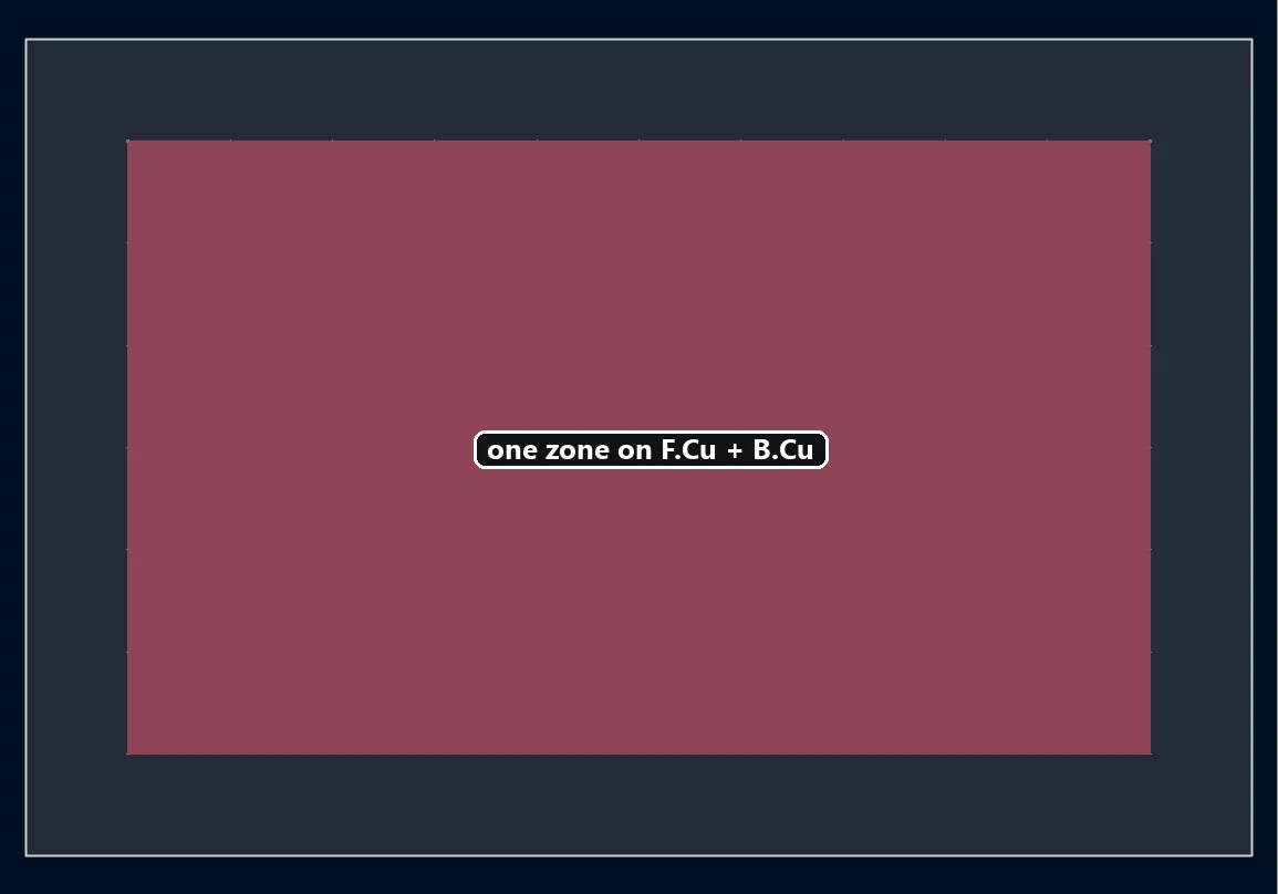 A single copper zone filled on both F.Cu and B.Cu, defined with an LSET in Python in KiCad