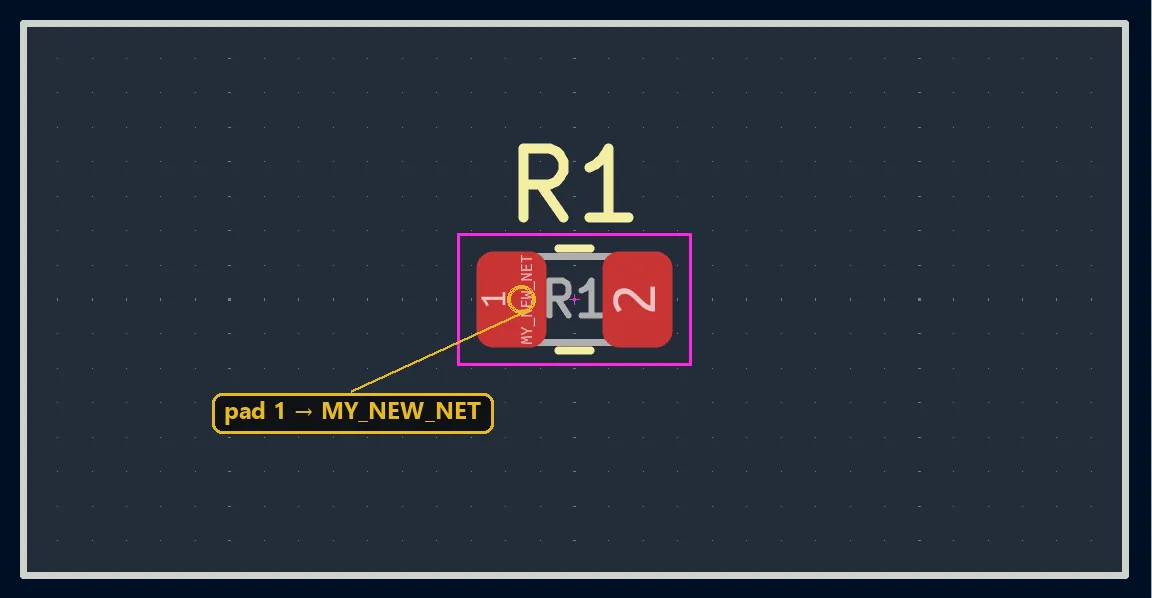 New MY_NEW_NET net created by script and assigned to pad 1 of a resistor in KiCad