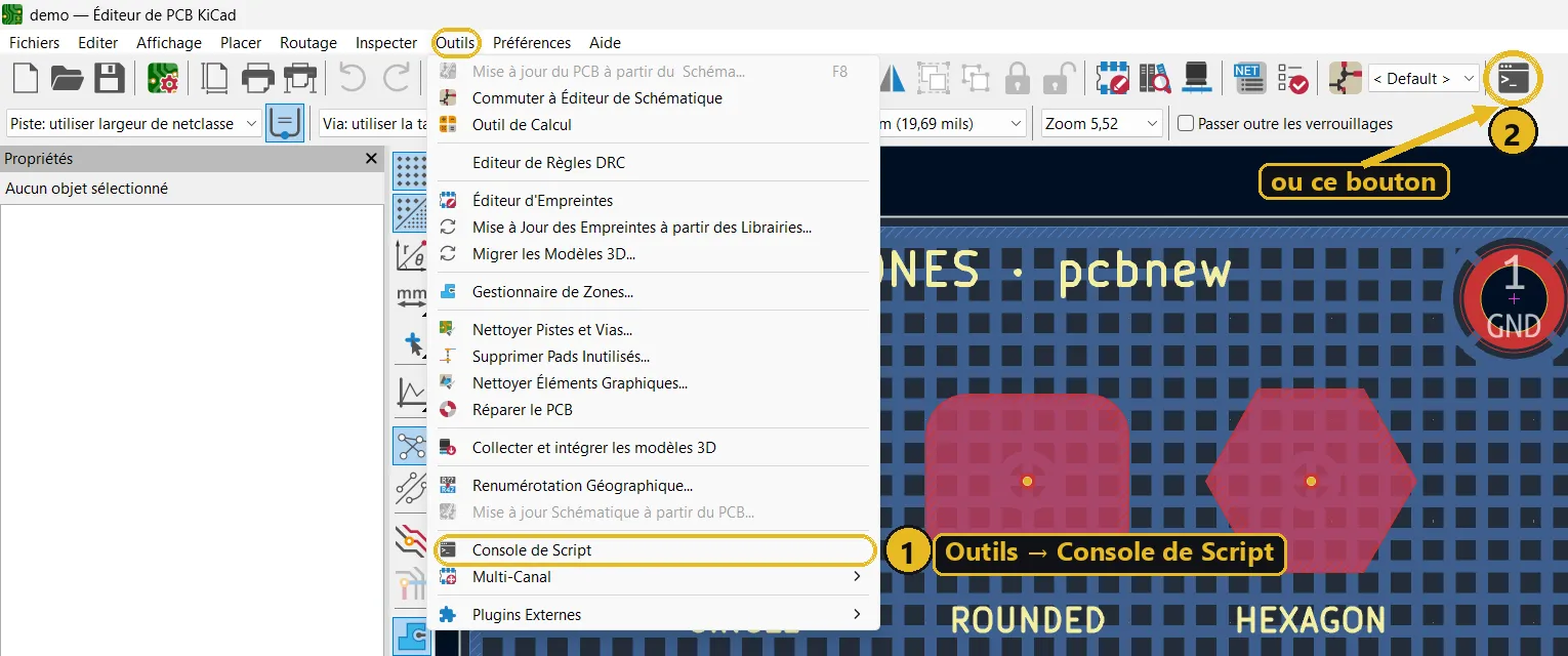 Menu Outils de l'éditeur de PCB KiCad avec l'entrée Console de Script entourée, et le bouton de la console de script dans la barre d'outils