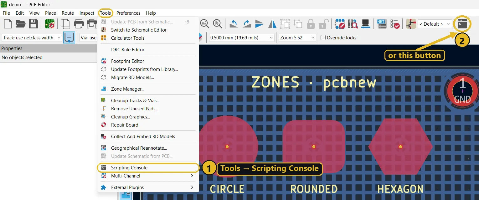 KiCad PCB Editor Tools menu with the Scripting Console entry highlighted, and the scripting console button in the top toolbar