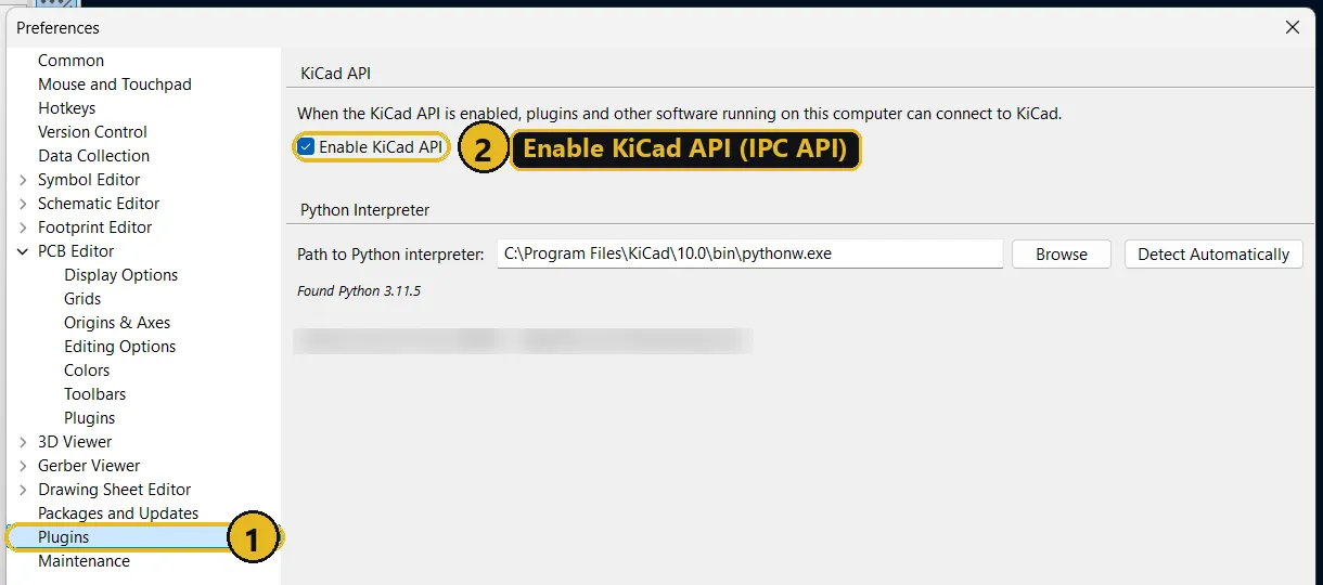 KiCad 10 preferences, Plugins page: Enable KiCad API checkbox ticked for the IPC API