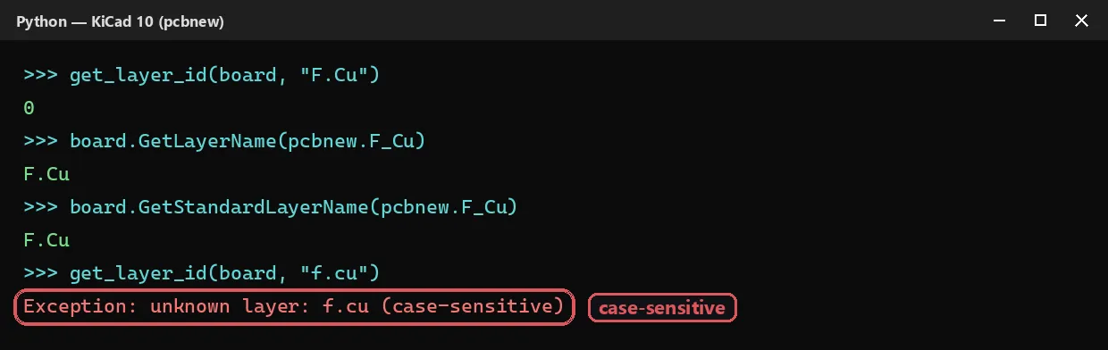 Resolving the F.Cu layer name to an ID with pcbnew, and the exception raised for f.cu (case-sensitive)