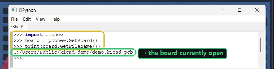 KiCad's Python scripting console (KiPython) running import pcbnew and pcbnew.GetBoard(), printing the path of the open .kicad_pcb file