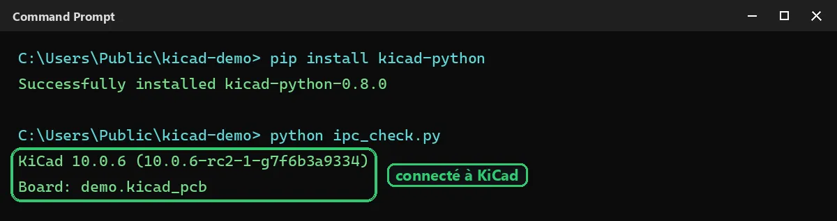 Script Python kipy connecté à KiCad 10 par l'API IPC : il affiche la version de KiCad et le nom de la board ouverte