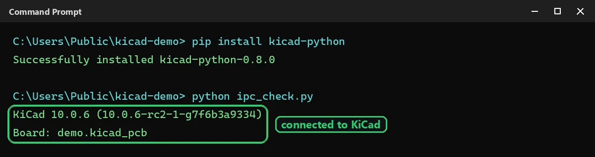 Python kipy script connected to KiCad 10 through the IPC API: it prints the KiCad version and the name of the open board