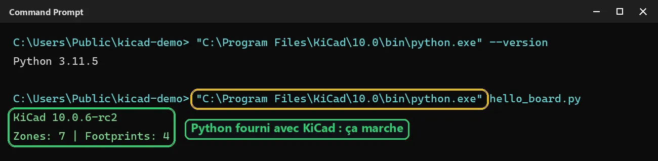 Le même script lancé avec le python.exe fourni avec KiCad (Python 3.11.5) charge la board et affiche la version de KiCad