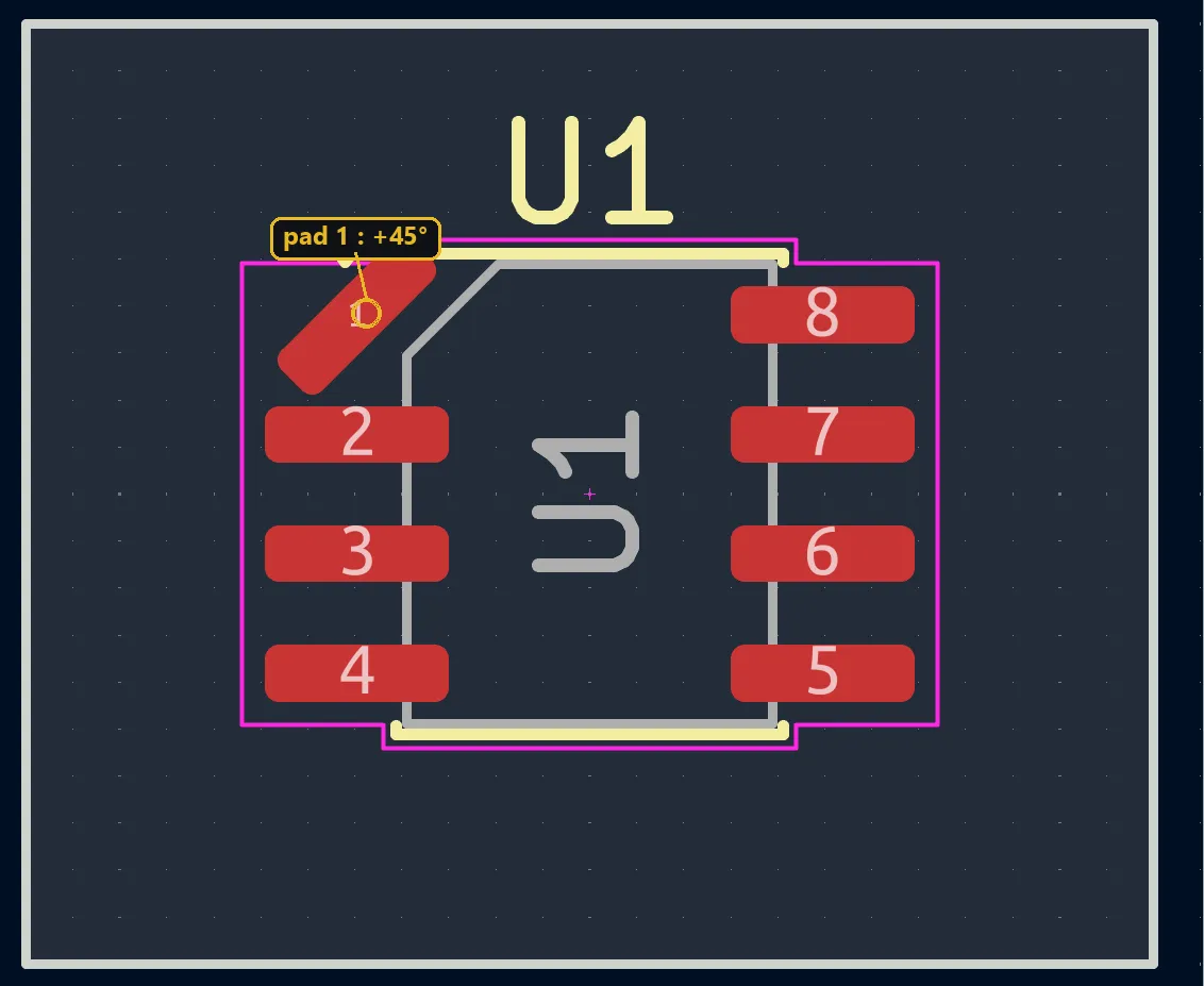 Pastille 1 d'un SOIC-8 tournée de 45° indépendamment de son empreinte, par script Python pcbnew dans KiCad