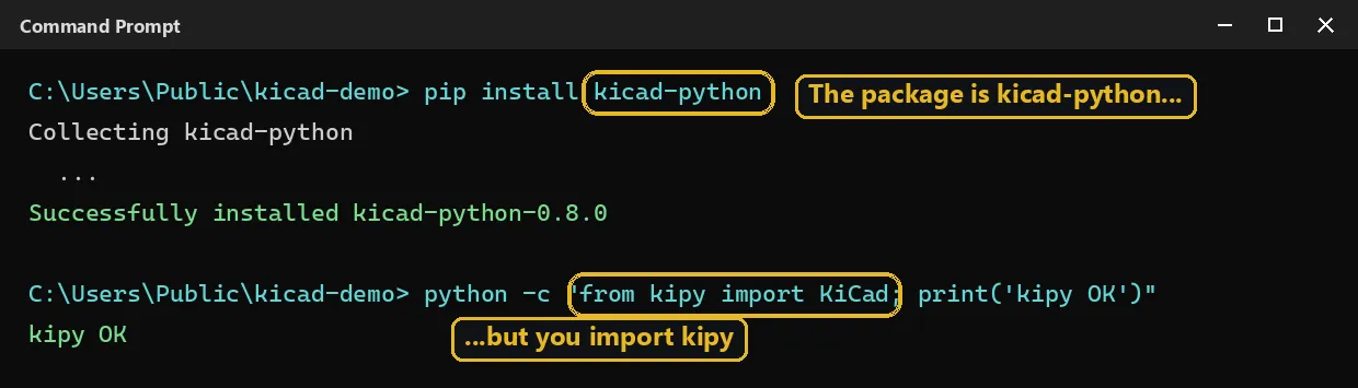 pip install kicad-python in a terminal, then from kipy import KiCad succeeds: the package is named kicad-python but is imported as kipy