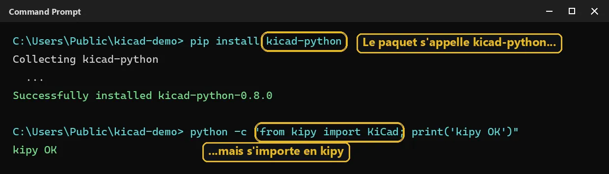 pip install kicad-python dans un terminal, puis from kipy import KiCad réussit : le paquet s'appelle kicad-python mais s'importe en kipy