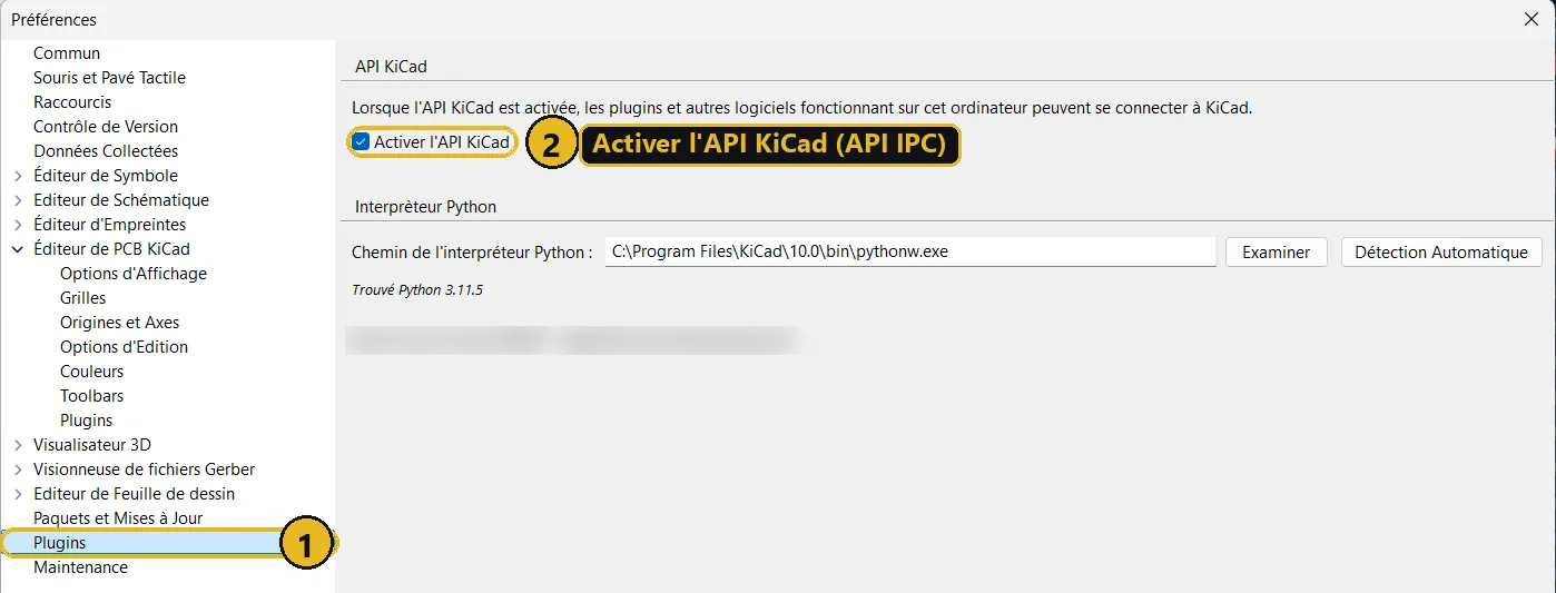 Préférences de KiCad 10, page Plugins : case Activer l'API KiCad cochée pour l'API IPC