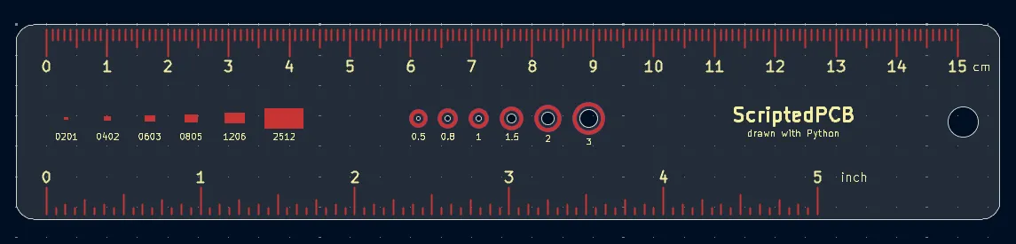 Règle PCB générée par script Python dans l'éditeur de PCB de KiCad : graduations en mm et en pouces sur F.Cu, chiffres en sérigraphie, jauges CMS et de perçage