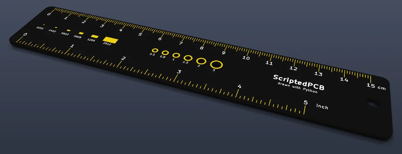 Vue 3D en perspective de la règle PCB générée en Python : vernis noir, graduations et anneaux de perçage en cuivre doré