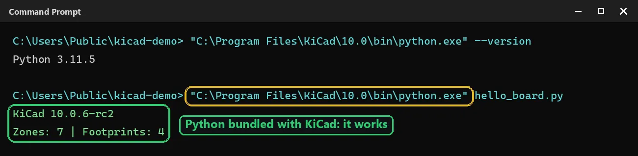 The same script run with KiCad's bundled python.exe (Python 3.11.5) loads the board and prints the KiCad version