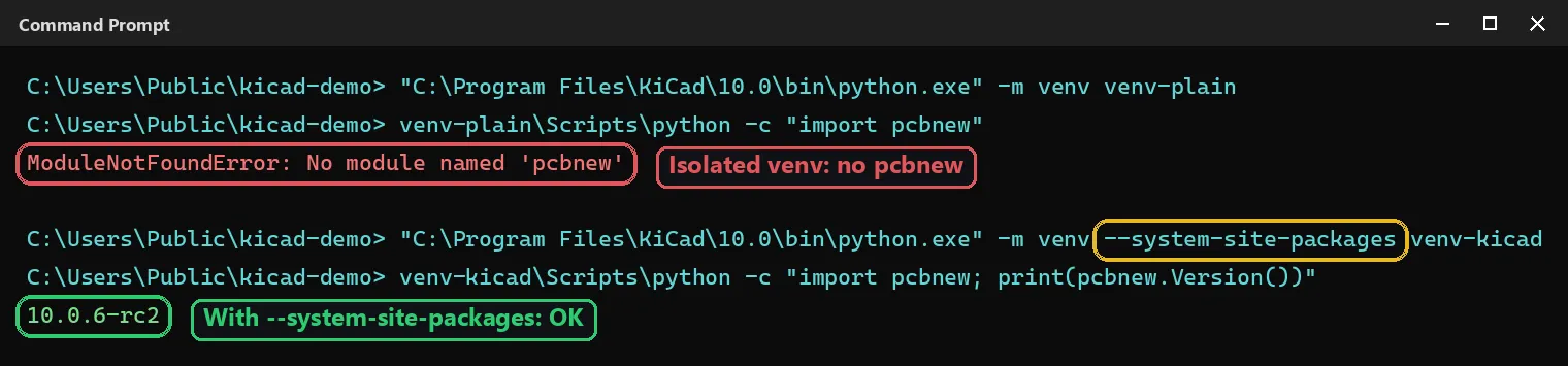 Comparison of two venvs created from KiCad's Python: without --system-site-packages pcbnew is missing, with it import pcbnew works