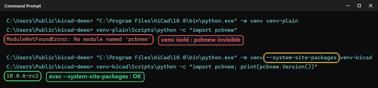 Comparaison de deux venv créés depuis le Python de KiCad : sans --system-site-packages pcbnew est introuvable, avec l'option import pcbnew fonctionne