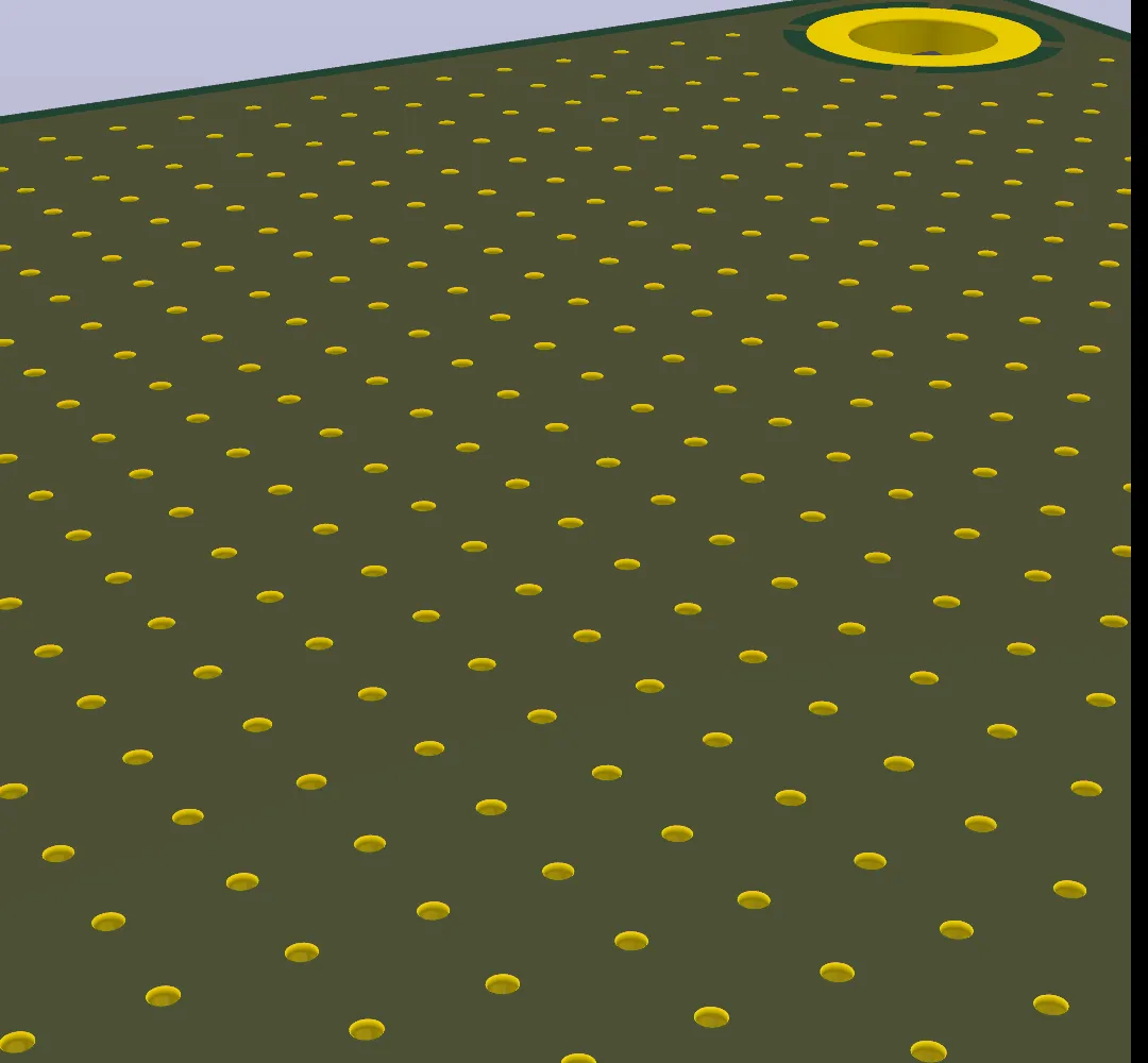 Rendu 3D KiCad en gros plan d'un champ de vias de stitching sur un plan de masse
